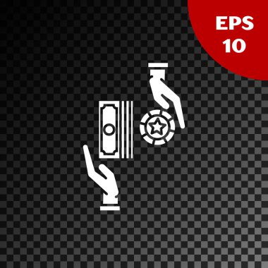 Beyaz Kumarhane çipleri, saydam karanlık arka planda izole edilmiş dolar desteleri üzerinde değiş tokuş yapıyor. Vektör İllüstrasyonu