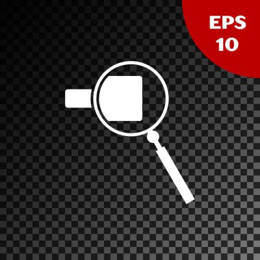 Şeffaf koyu arkaplanda beyaz büyüteç simgesi izole edildi. Arama, odaklanma, yakınlaştırma, iş sembolü. Vektör İllüstrasyonu
