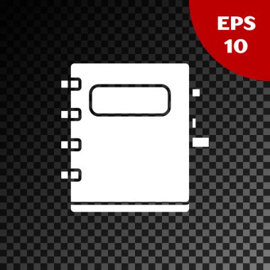 Şeffaf koyu arkaplanda beyaz defter simgesi izole edildi. Spiral not defteri simgesi. Okul defteri. Yazı tahtası. Okul günlüğü. Vektör İllüstrasyonu