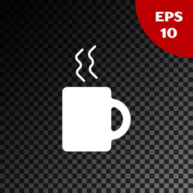 Beyaz kahve fincanı simgesi şeffaf koyu arkaplanda izole edilmiş. Çay fincanı. Sıcak içecek kahvesi. Vektör İllüstrasyonu