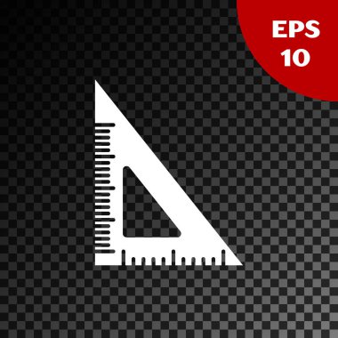 Beyaz Üçgen cetvel simgesi, şeffaf koyu arkaplanda izole edildi. Düz sembol. Geometrik sembol. Vektör İllüstrasyonu