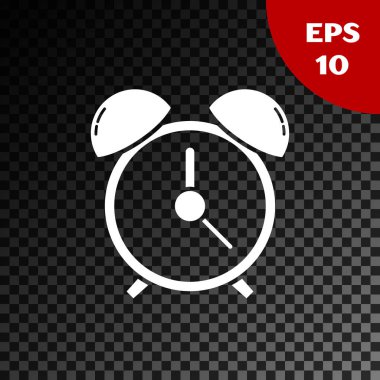 Beyaz alarm saat simgesi şeffaf koyu arka planda izole. Uyan, kavramı kalk. Zaman işareti. Vektör Illustration