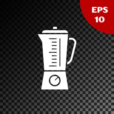 Beyaz karıştırıcı simgesi, şeffaf koyu arkaplanda izole edildi. Mutfak elektrikli kırıcı ve kase. Meyve suyu, kokteyl ya da meyve suyu. Vektör İllüstrasyonu