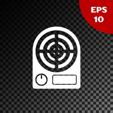 Beyaz Elektrikli ısıtıcı simgesi, şeffaf koyu arkaplanda izole edildi. Uzaktan kumandalı kızıl ötesi ısıtıcı. Klima kontrolü. Vektör İllüstrasyonu