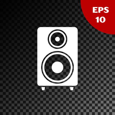 Beyaz Stereo hoparlör simgesi şeffaf koyu arkaplanda izole edildi. Ses sistemi hoparlörleri. Müzik ikonu. Müzikal sütun hoparlörü. Vektör İllüstrasyonu