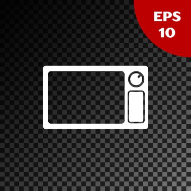 Beyaz mikrodalga fırın ikonu, şeffaf koyu arkaplanda izole edilmiş. Ev aletleri simgesi. Vektör İllüstrasyonu