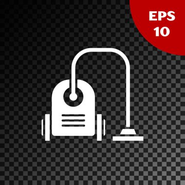 Beyaz Elektrik süpürgesi simgesi, şeffaf koyu arkaplanda izole edilmiş. Vektör İllüstrasyonu