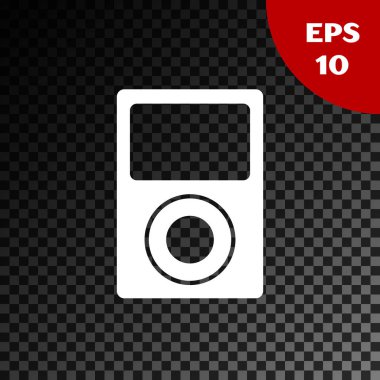 Beyaz Müzik Çalar simgesi, şeffaf koyu arkaplanda izole edildi. Taşınabilir müzik cihazı. Vektör İllüstrasyonu