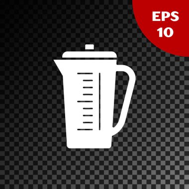 Kuru ve sıvı yiyecek ikonunu ölçmek için beyaz ölçü kabı şeffaf koyu arkaplanda izole edildi. Plastik şişenin sapı var. Vektör İllüstrasyonu