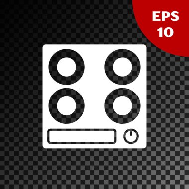 Beyaz gaz soba simgesi, şeffaf koyu arkaplanda izole edildi. Mutfak tabelaları. Dört daire ocağı olan bir hob. Vektör İllüstrasyonu