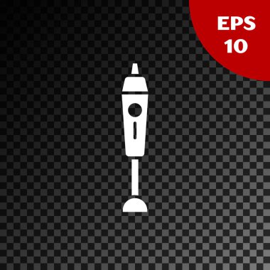 Beyaz karıştırıcı simgesi, şeffaf koyu arkaplanda izole edildi. Mutfak elektrikli kırıcı ve kase. Meyve suyu, kokteyl ya da meyve suyu. Vektör İllüstrasyonu