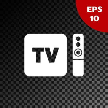 Beyaz Çokluortam ve televizyon kutusu alıcısı ve uzaktan kumanda simgesine sahip oyuncu şeffaf koyu arkaplanda izole edildi. Vektör İllüstrasyonu