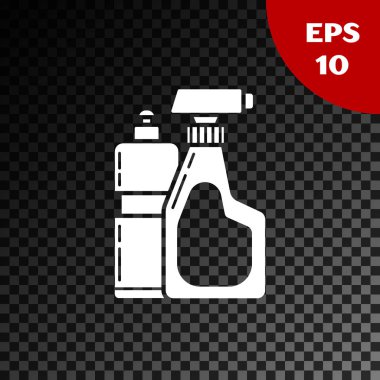 Çamaşır deterjanı, çamaşır suyu, bulaşık deterjanı ya da şeffaf koyu arkaplanda izole edilmiş başka bir temizlik maddesi için beyaz plastik şişeler. Vektör İllüstrasyonu