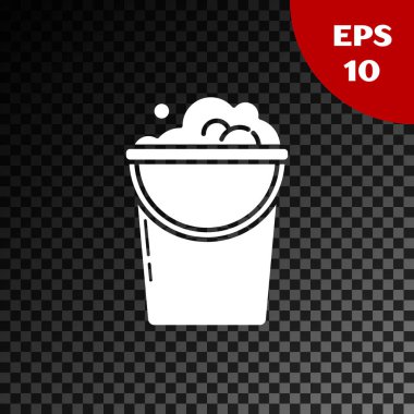 Köpük ve baloncuk ikonlu beyaz kova şeffaf koyu arkaplanda izole edilmiş. Temizlik hizmeti konsepti. Vektör İllüstrasyonu