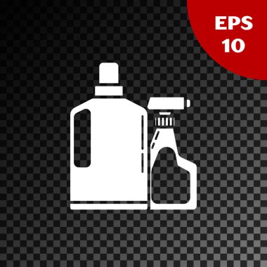 Çamaşır deterjanı, çamaşır suyu, bulaşık deterjanı ya da şeffaf koyu arkaplanda izole edilmiş başka bir temizlik maddesi için beyaz plastik şişeler. Vektör İllüstrasyonu