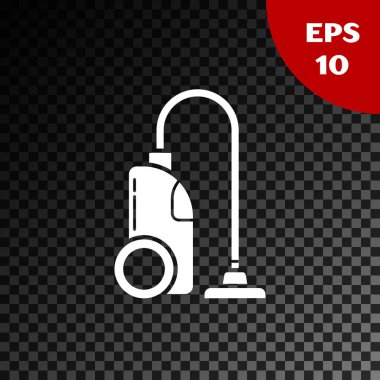 Beyaz Elektrik süpürgesi simgesi, şeffaf koyu arkaplanda izole edilmiş. Vektör İllüstrasyonu