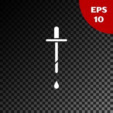 Beyaz Pipette simgesi şeffaf koyu arkaplanda izole edildi. Tıbbi elementler, kimya laboratuarı ekipmanları. Damlalı boru. Tıp sembolü. Vektör İllüstrasyonu