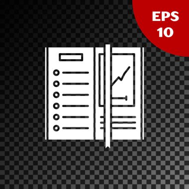 Şeffaf koyu arkaplanda beyaz defter simgesi izole edildi. Spiral not defteri simgesi. Yazı tahtası. İş günlüğü. Not defteri kapağı tasarımı. Vektör İllüstrasyonu