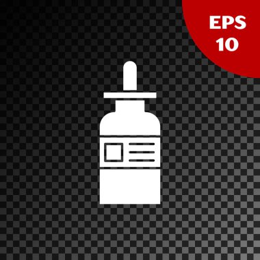 Şeffaf koyu arka planda izole edilmiş pipet simgesi olan beyaz cam şişe. Tıbbi ve kozmetik ürünler için konteynır. Vektör İllüstrasyonu