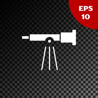 Beyaz Teleskop simgesi, şeffaf koyu arkaplanda izole edildi. Bilimsel bir alet. Eğitim ve astronomi elementi, dürbün ve çalışma yıldızları. Vektör İllüstrasyonu