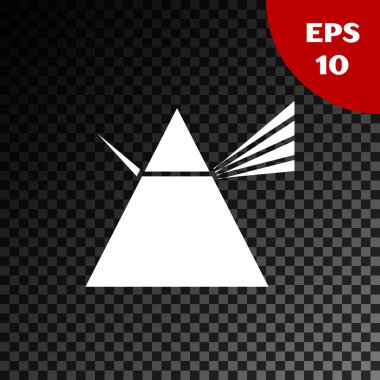 Prizma simgesindeki beyaz ışık ışınları şeffaf karanlık arkaplanda izole edilmiş. Cam prizmada gökkuşağı spektrum dağılımı optik etkisi. Vektör İllüstrasyonu