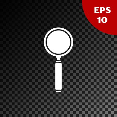 Şeffaf koyu arkaplanda beyaz büyüteç simgesi izole edildi. Arama, odaklanma, yakınlaştırma, iş sembolü. Vektör İllüstrasyonu