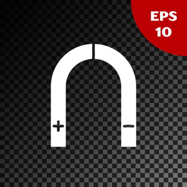 Beyaz Mıknatıs simgesi şeffaf koyu arkaplanda izole edildi. At nalı mıknatısı, manyetizma, manyetizma, çekim. Vektör İllüstrasyonu