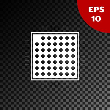 Beyaz İşlemci simgesi, şeffaf koyu arkaplanda izole edildi. İşlemci, merkezi işlem birimi, mikroçip, mikro devre, bilgisayar işlemcisi, çip. Vektör İllüstrasyonu