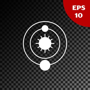 Beyaz Güneş Sistemi simgesi şeffaf koyu arkaplanda izole edildi. Gezegenler yıldızın etrafında dönerler. Vektör İllüstrasyonu