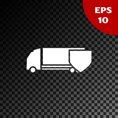 Beyaz kargo kamyonu, simgesi şeffaf karanlık arka planda izole edilmiş. Sigorta konsepti. Güvenlik, güvenlik, koruma, konsept koruma. Vektör İllüstrasyonu