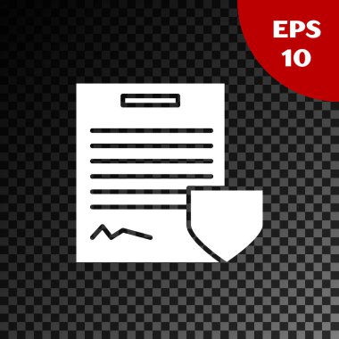Beyaz Sözleşme 'nin simgesi şeffaf karanlık arka planda izole edildi. Sigorta konsepti. Güvenlik, güvenlik, koruma, konsept koruma. Vektör İllüstrasyonu