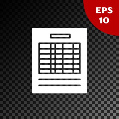 Beyaz Rapor dosya simgesi şeffaf karanlık arkaplanda izole edildi. Kontrol listesi simgesi. İş konsepti. Vektör İllüstrasyonu