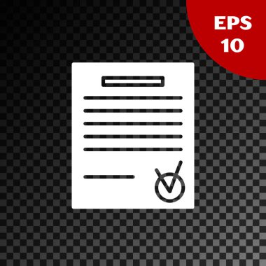 Beyaz Doğrulanmış Belge ve İşaretleme simgesi şeffaf koyu arkaplanda izole edildi. Kontrol listesi simgesi. İş konsepti. Vektör İllüstrasyonu