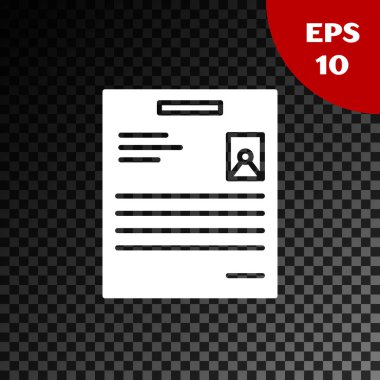 Şeffaf koyu arkaplanda beyaz kişisel belge simgesi izole edildi. Dosya simgesi. Kontrol listesi simgesi. İş konsepti. Vektör İllüstrasyonu