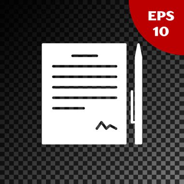 Beyaz sözleşmeli kalem simgesi şeffaf koyu arkaplanda izole edilmiş. Dosya simgesi. Kontrol listesi simgesi. İş konsepti. Vektör İllüstrasyonu