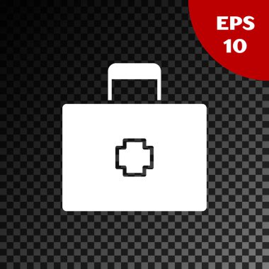 Beyaz Ilk yardım kiti simgesi şeffaf koyu arka planda izole. Haç içeren tıbbi kutu. Acil durum için tıbbi ekipmanlar. Sağlık konsepti. Vektör Illustration