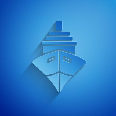 Kağıt kesiği kargo gemisi simgesi mavi arkaplanda izole edildi. Kağıt sanatı tarzı. Vektör İllüstrasyonu