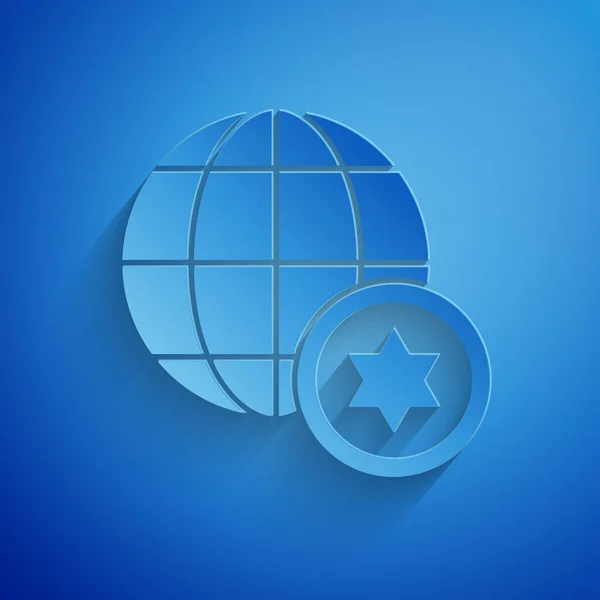 Corte de papel World Globe e Israel icono aislado sobre fondo azul. Estilo de arte de papel. Ilustración vectorial — Archivo Imágenes Vectoriales