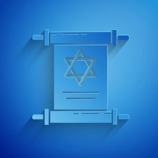 Paper cut Torah scroll icon isolated on blue background. Jewish Torah in expanded form. Star of David symbol. Old parchment scroll. Paper art style. Vector Illustration — Stock Vector