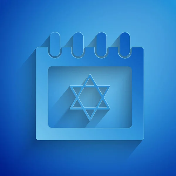 Papier gesneden Joodse kalender met ster van David pictogram geïsoleerd op blauwe achtergrond. Chanoeka kalenderdag. Papierkunst stijl. Vector Illustratie — Stockvector
