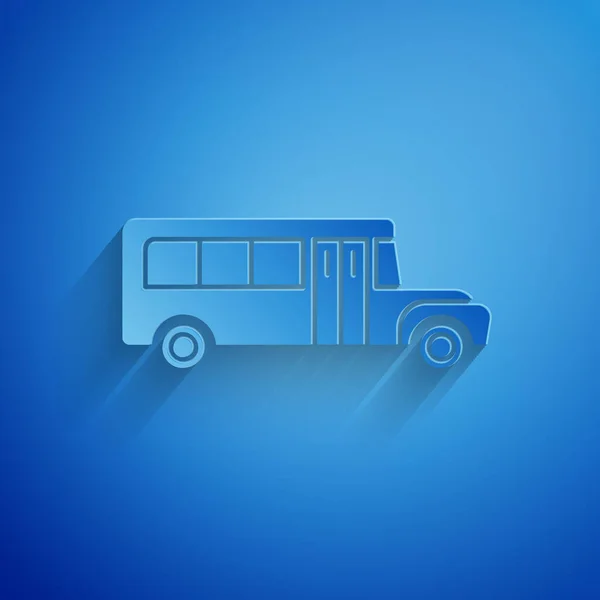 Corte de papel Icono de autobús escolar aislado sobre fondo azul. Símbolo de transporte público. Estilo de arte de papel. Ilustración vectorial — Vector de stock