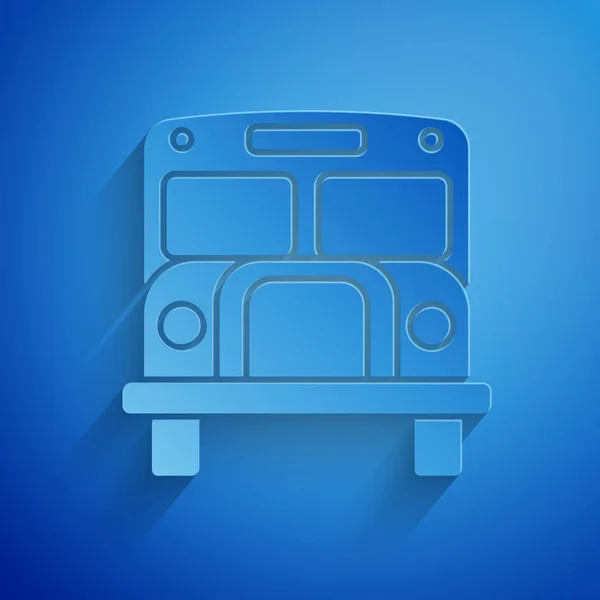 Иконка школьного автобуса вырезана на синем фоне. Символ общественного транспорта. Бумажный стиль. Векторная миграция — стоковый вектор