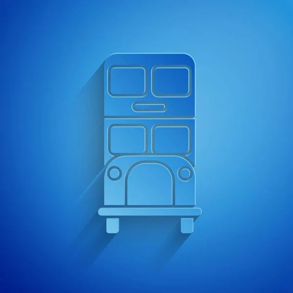 Иконка двухэтажного автобуса вырезана на синем фоне. Лондон классический пассажирский автобус. Символ общественного транспорта. Бумажный стиль. Векторная миграция — стоковый вектор