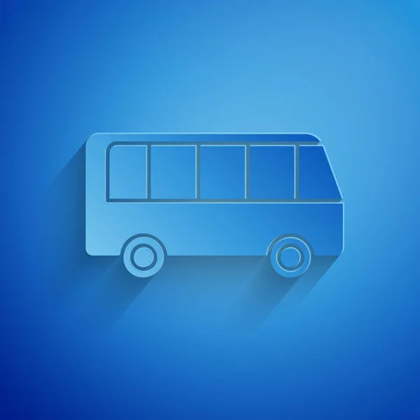 Carta tagliata icona Bus isolato su sfondo blu. Concetto di trasporto. Autobus segno di trasporto tour. Turismo o simbolo del veicolo pubblico. Stile cartaceo. Illustrazione vettoriale — Vettoriale Stock