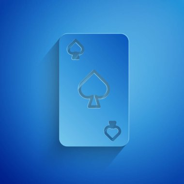 Kağıt kesiği Mavi arkaplanda izole edilmiş maça sembollü iskambil kartı. Kumarhane kumarı. Kağıt sanatı tarzı. Vektör İllüstrasyonu