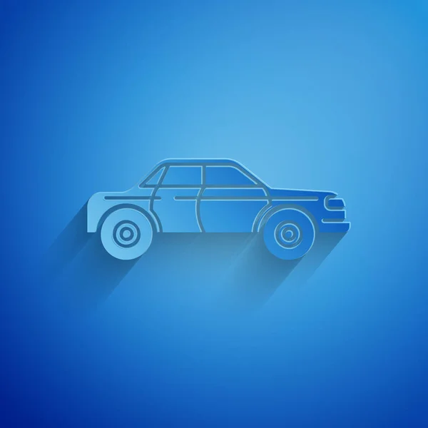 Paper cut Sedan car icon isolated on blue background. Paper art style. Vector Illustration — Stock Vector