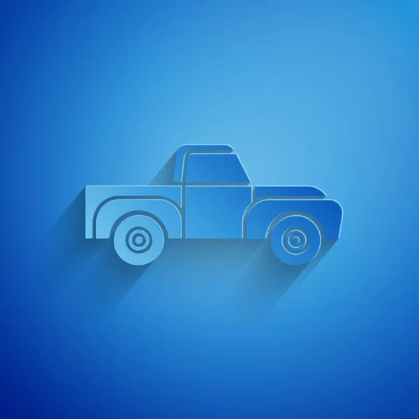 Paper cut Pickup truck icon isolated on blue background. Paper art style. Vector Illustration — Stock Vector