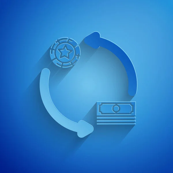 Paper cut Casino échange de jetons sur des piles de dollars icône isolée sur fond bleu. Style art du papier. Illustration vectorielle — Image vectorielle