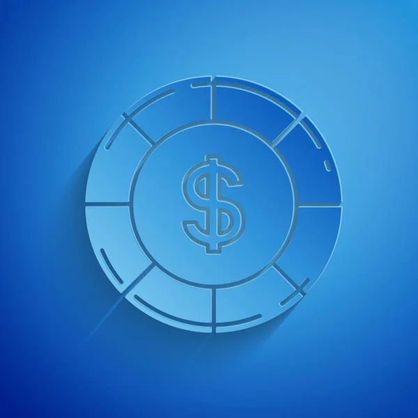 Paper cut Casino chip with dollar symbol icon isolated on blue background. Casino gambling. Paper art style. Vector Illustration — ストックベクタ