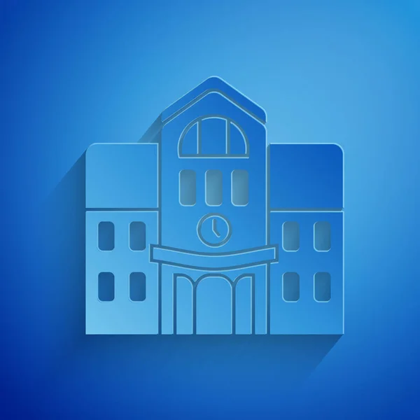 Иконка здания школы вырезана из бумаги на синем фоне. Бумажный стиль. Векторная миграция — стоковый вектор